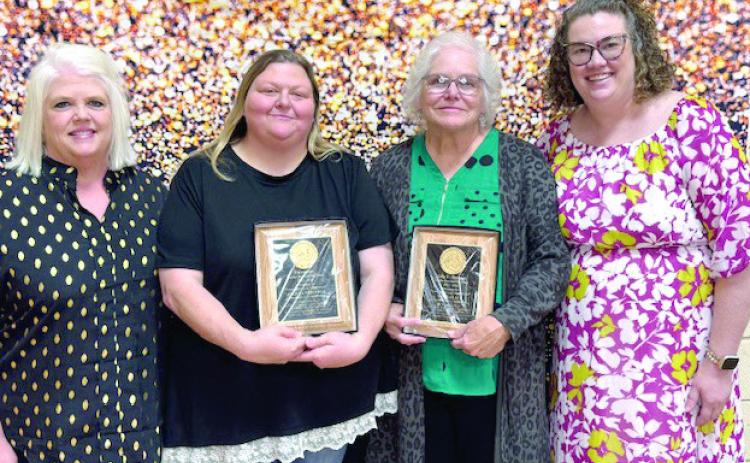 Angela Mitchell and Murna Lack pose with Cross Timbers Elementary Dean of Students Lisa Thompson, far left, and Principal Alisha Jonker, far right, during the Tecumseh Chamber of Commerce Teacher Appreciation Luncheon on April 24. Lack received a Lola C. Durham Award, and Mitchell accepted a President’s Award.