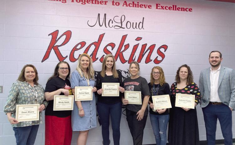 McLoud ECC grant winners pictured from L: Dawn Moore, Mindy Smith, Felicia Hayes, Amanda Gugino, Principal, Kami Baker, Dorthee Wilson, Sabrina Fowler and Austin Carroll, MSF President. Not pictured -Amy Young and Leslie Norwood. Photo provided