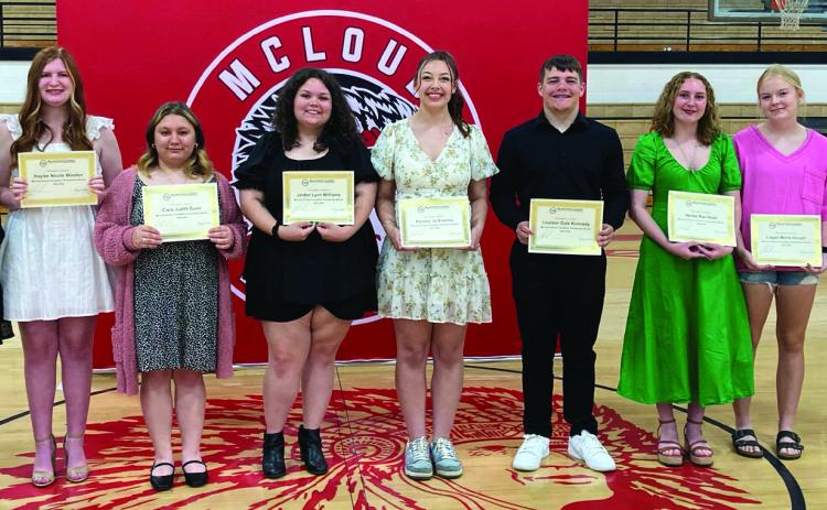 McLoud Scholarship Foundation (MSF) Scholarship winners pictured from left: Annette Brown, MSF Secretary, Madalynn Xzylee Ladybug Taylor, Haylee Nicole Wooten, Ciera Judith Dunn, Jaiden Lynn Williams, Paisley Jo Erskine, Coulson Dale Kennedy, Harlee Rae Marchant, Logan Marie Hough, Stacey Angelina Nash and Austin Carroll, MSF President. Not Pictured - Santos Ivan Lujan. Photo provided by MSF