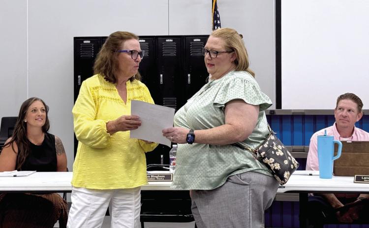 Amanda Kelly was sworn in to Ward #4 Seat at the June Tecumseh School Board meeting by Board President Iva Bingham. Board members, Nicole Sanchez and Lance Phelps look on. Since Kelly does not live in the ward boundaries, she will finish out the term, ending in two years. Julie Talton, Countywide &amp; Sun