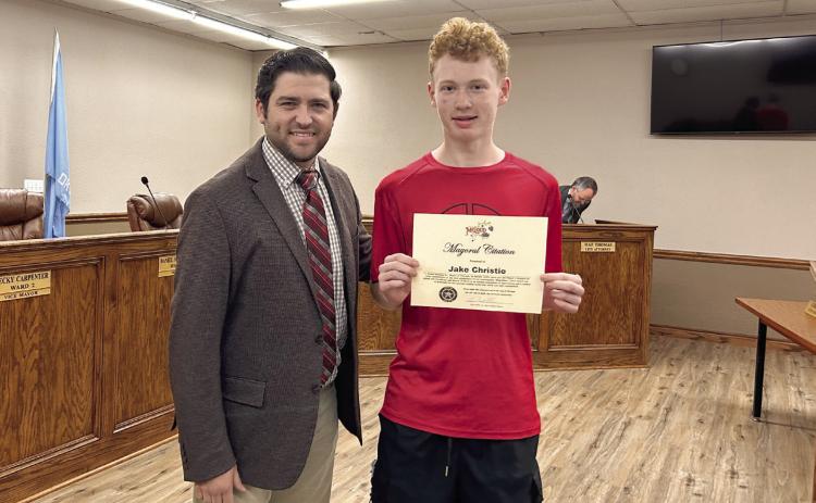 Jake Christie is recognized as the Student Leader of the Month and present a Mayoral Citation by Mayor Daniel McClure. Jake attends McLoud High School and is a member of the basketball team. Countywide &amp; Sun/Suzie Campbell